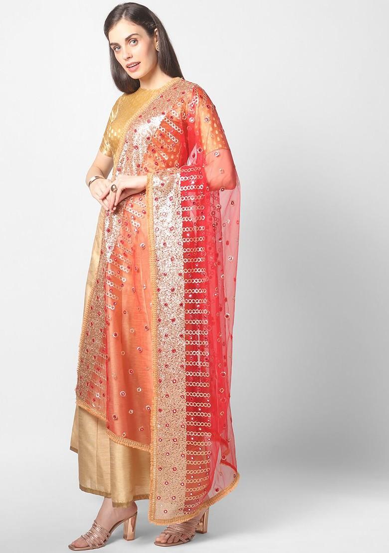 Red And Gold Ethnic Motifs Embroidered Dupatta With Sequinned Details