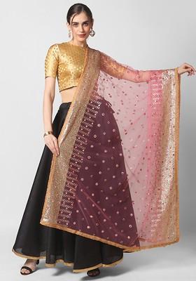 Pink And Gold Ethnic Motifs Embroidered Dupatta With Sequinned Details
