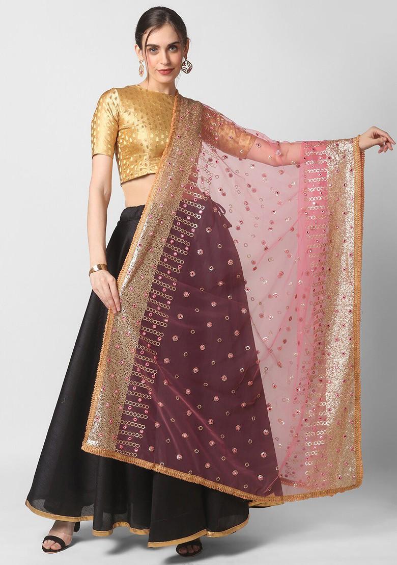 Pink And Gold Ethnic Motifs Embroidered Dupatta With Sequinned Details