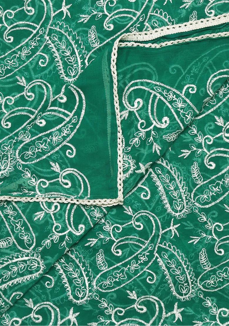 Green And White Paisley Embroidered Dupatta