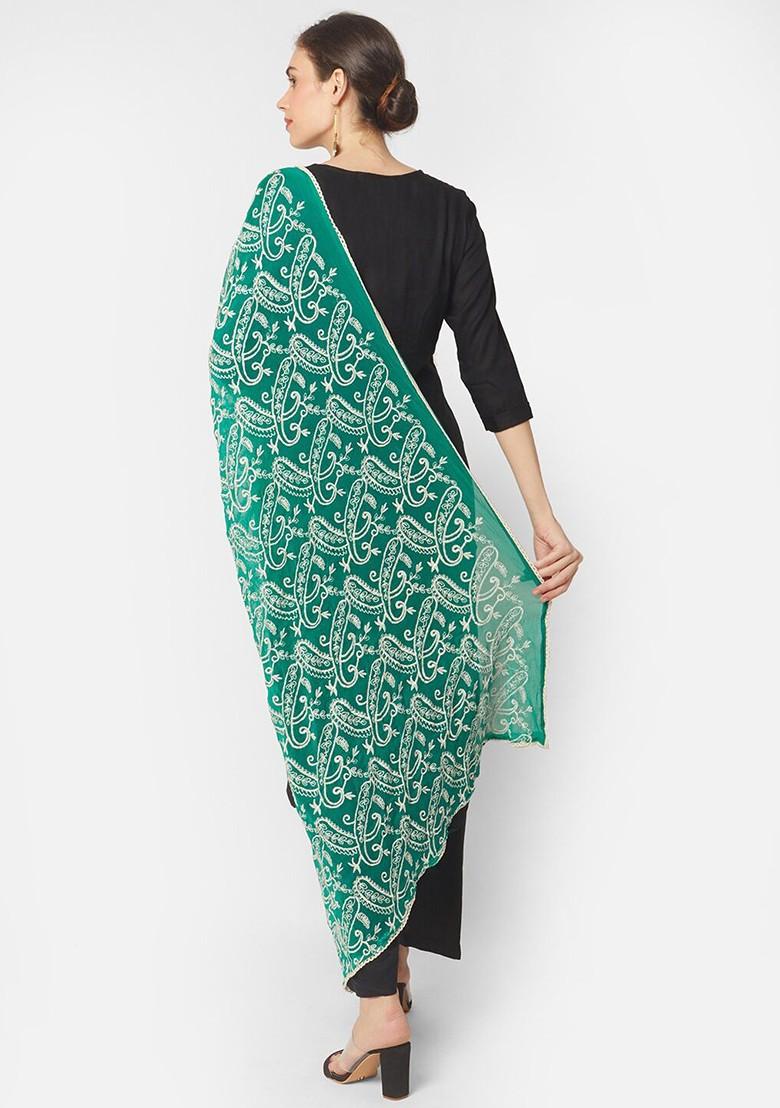 Green And White Paisley Embroidered Dupatta
