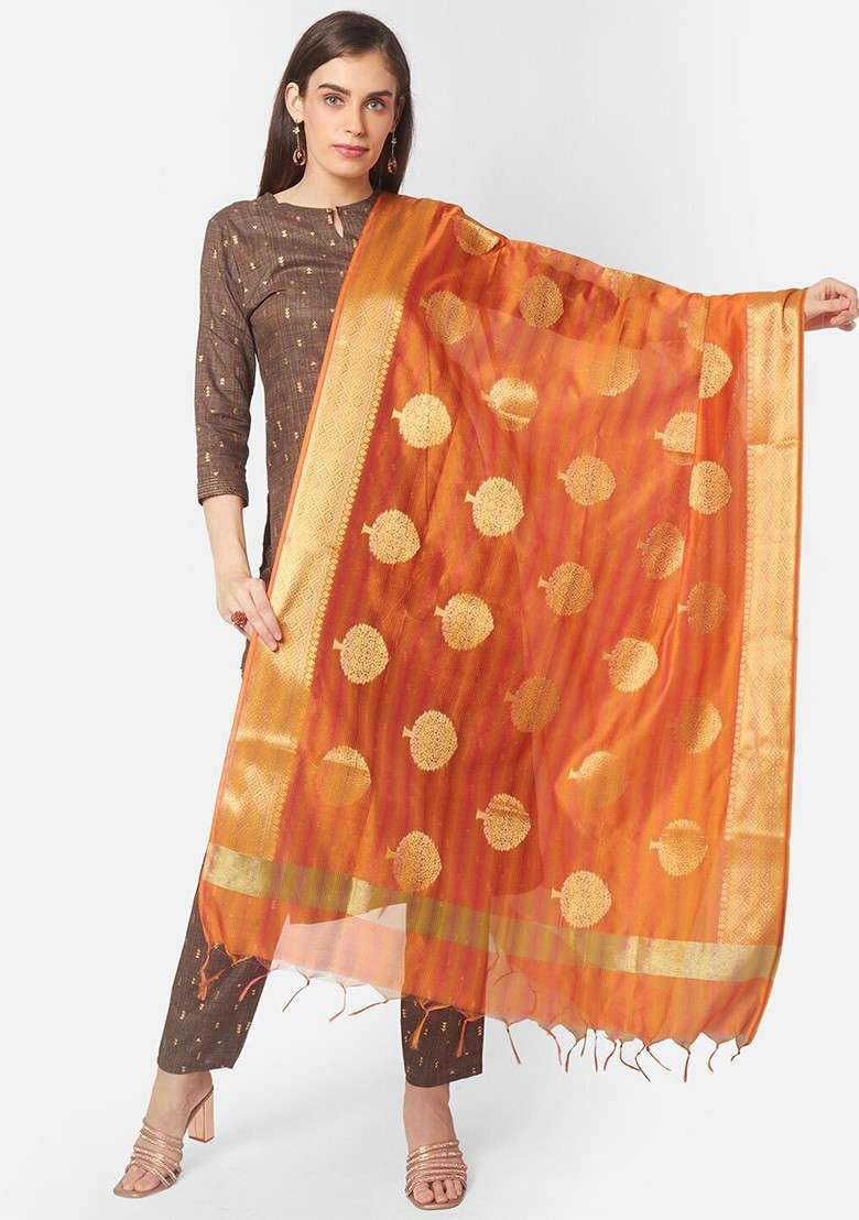 Orange And Gold Toned Woven Design Chanderi Silk Dupatta - Indya