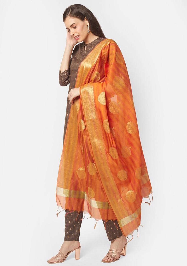 Orange And Gold Toned Woven Design Chanderi Silk Dupatta