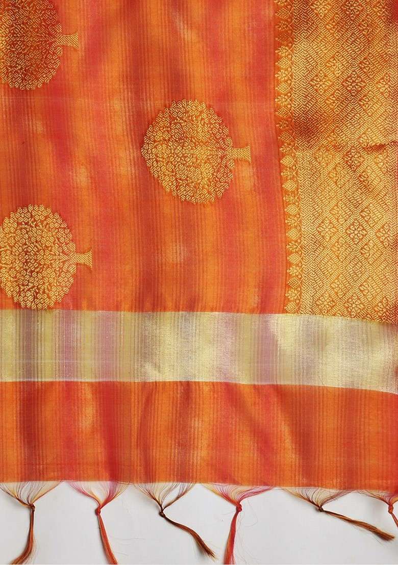 Orange And Gold Toned Woven Design Chanderi Silk Dupatta - Indya