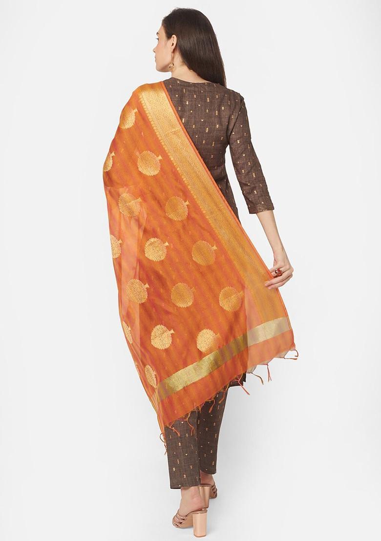 Orange And Gold Toned Woven Design Chanderi Silk Dupatta