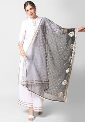 Black And Silver Toned Ethnic Motifs Embroidered Sequinned Dupatta