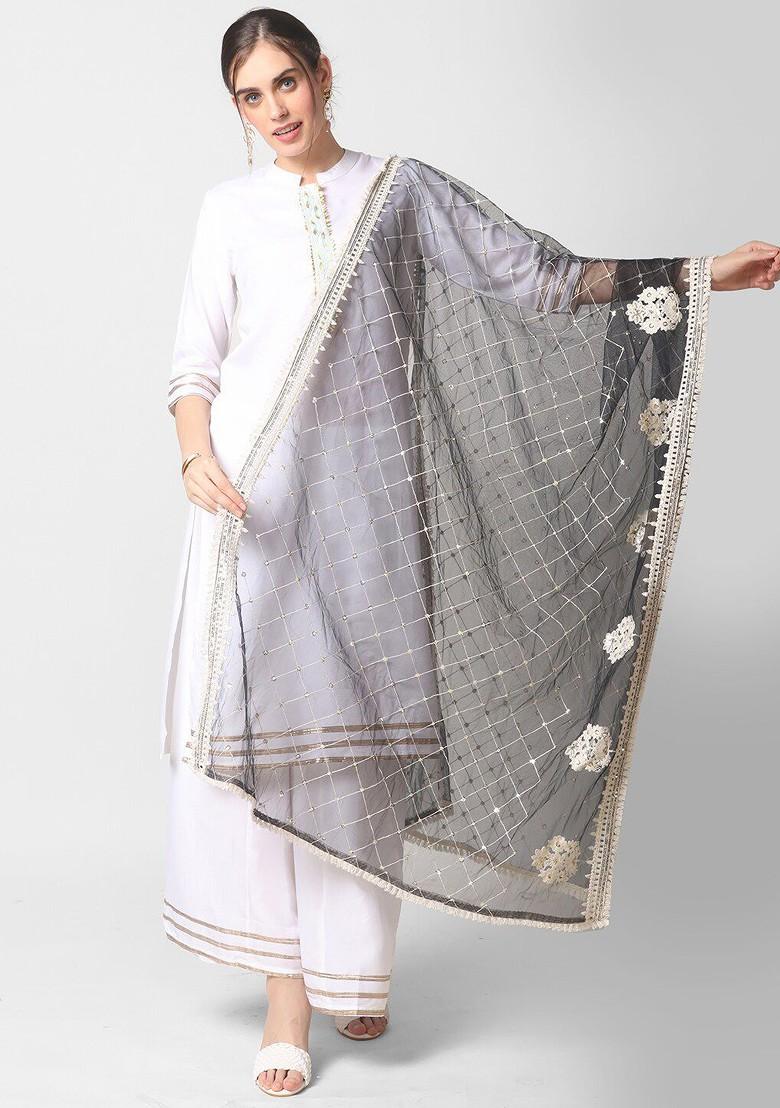 Black And Silver Toned Ethnic Motifs Embroidered Sequinned Dupatta