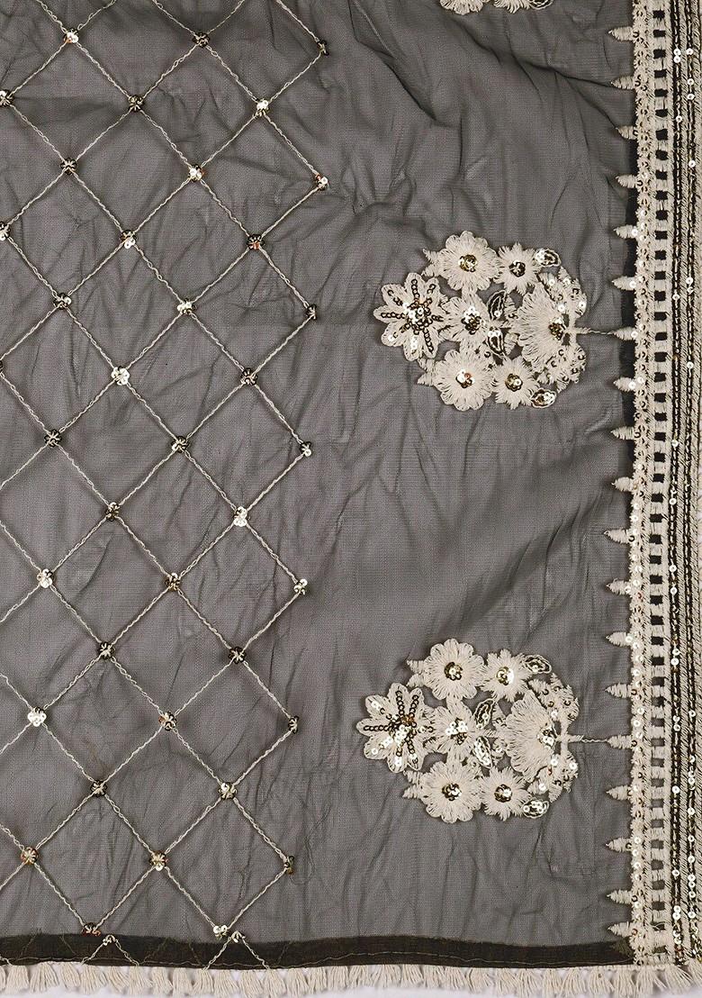 Black And Silver Toned Ethnic Motifs Embroidered Sequinned Dupatta