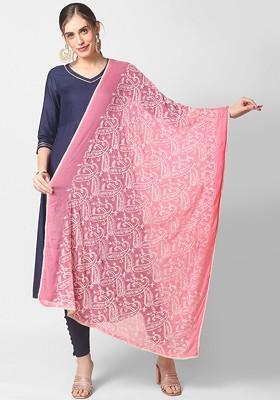 Pink And Off White Paisley Embroidered Dupatta