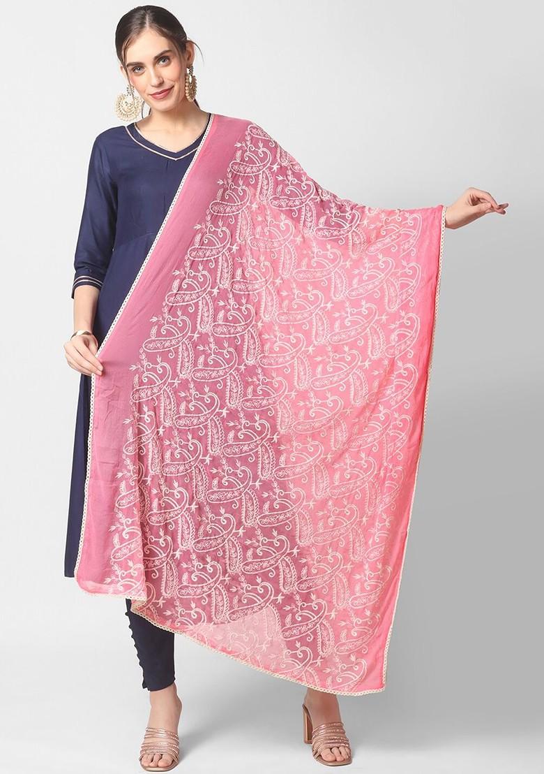Pink And Off White Paisley Embroidered Dupatta