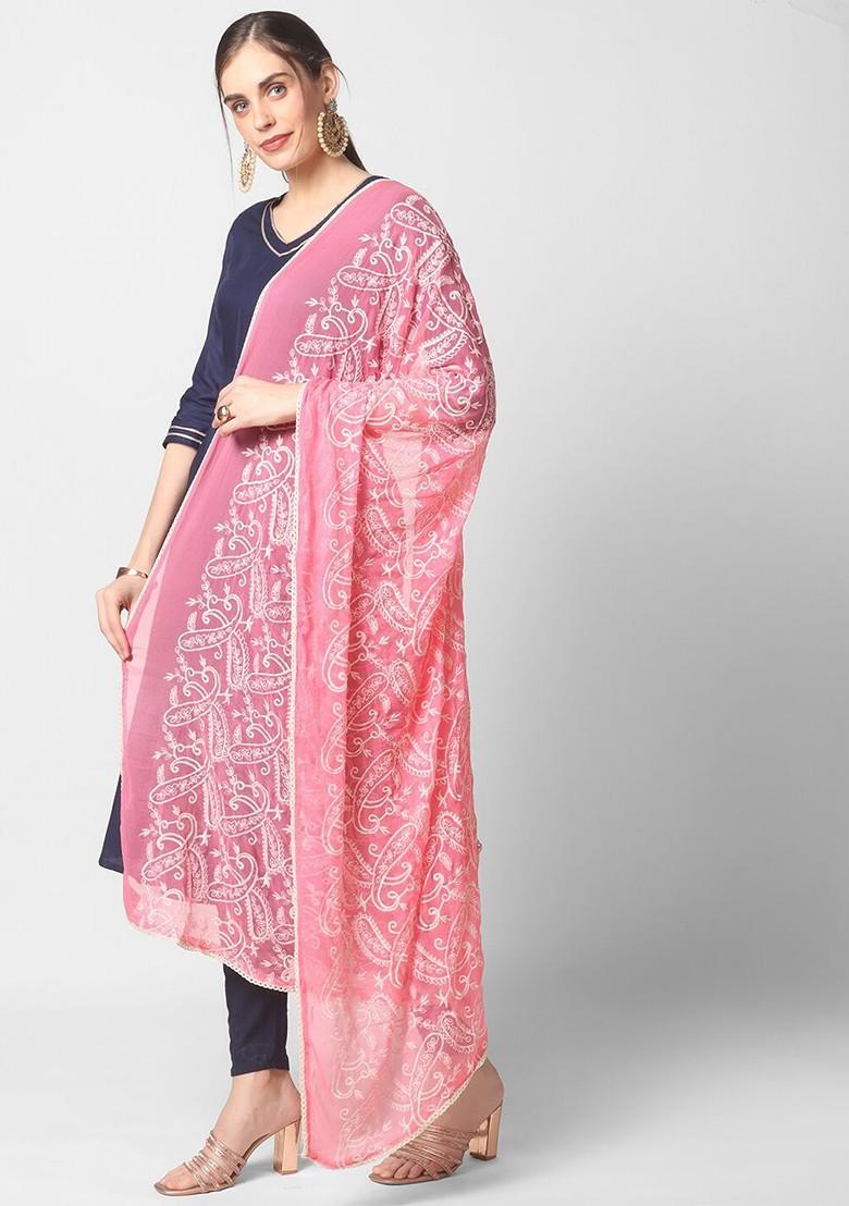Pink And Off White Paisley Embroidered Dupatta