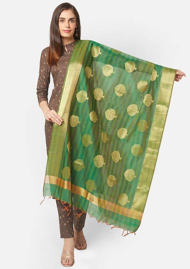 Green And Gold Toned Ethnic Motifs Woven Design Dupatta - Indya