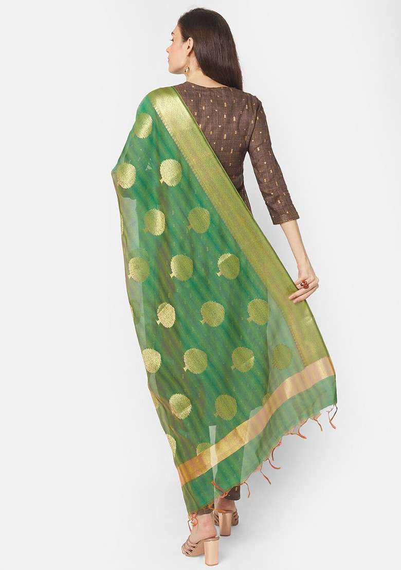 Green And Gold Toned Ethnic Motifs Woven Design Dupatta - Indya