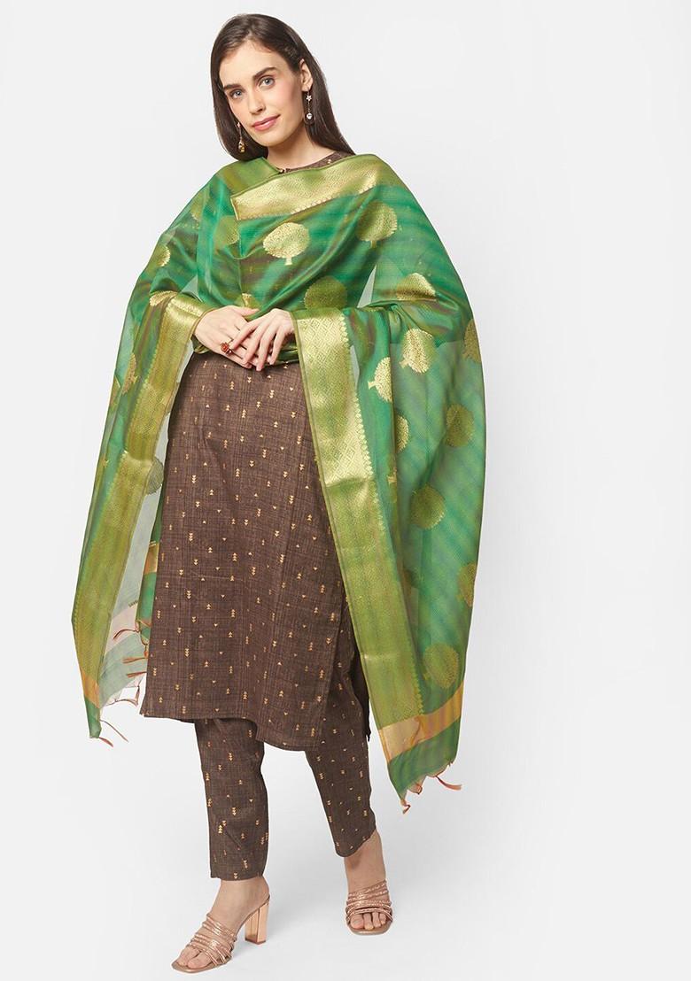 Green And Gold Toned Ethnic Motifs Woven Design Dupatta