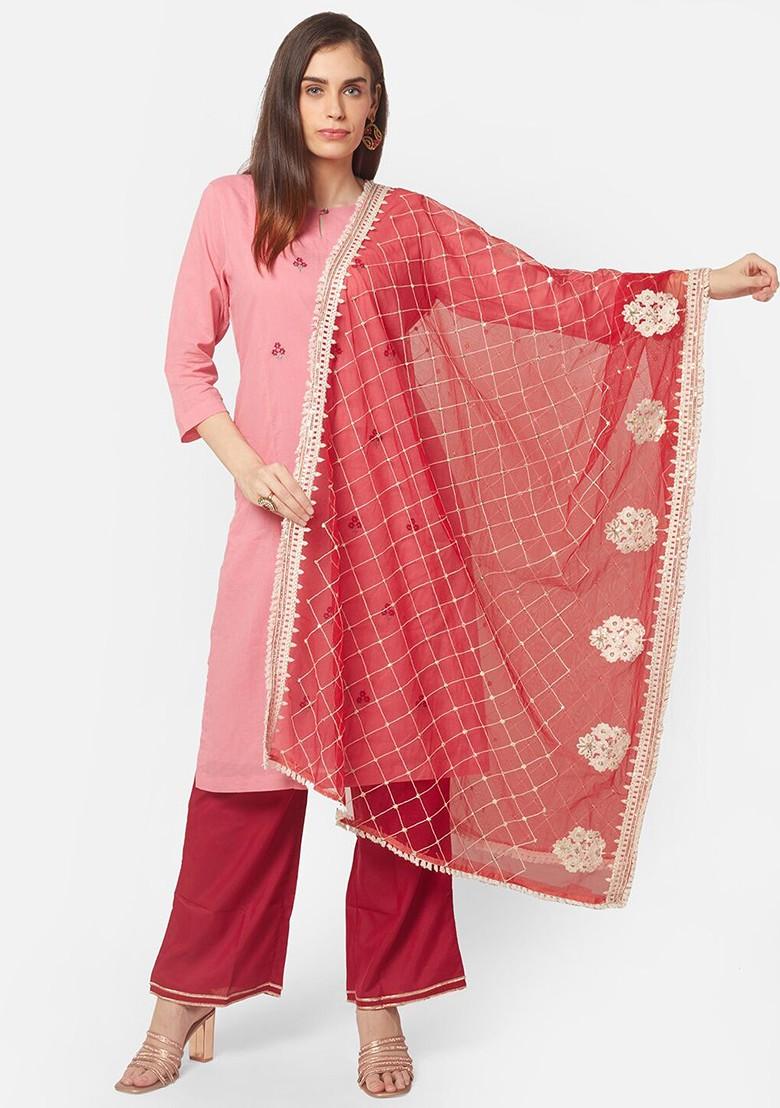 Red And White Ethnic Motifs Embroidered Dupatta
