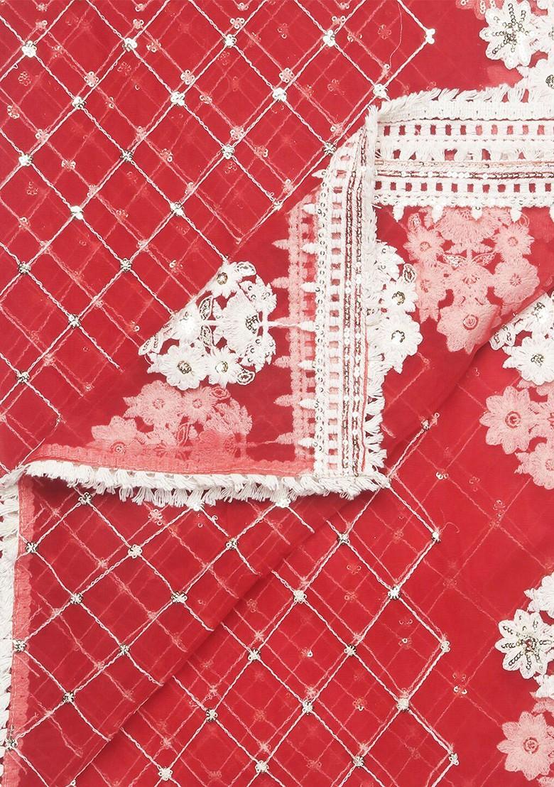 Red And White Ethnic Motifs Embroidered Dupatta