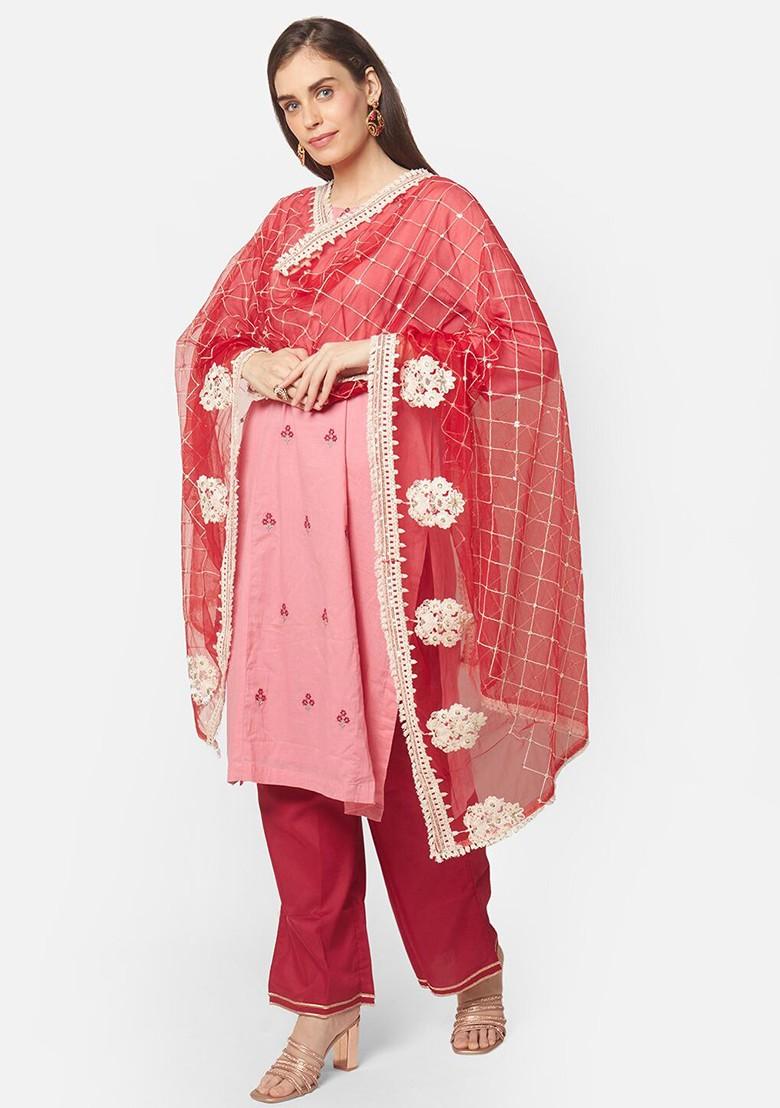 Red And White Ethnic Motifs Embroidered Dupatta