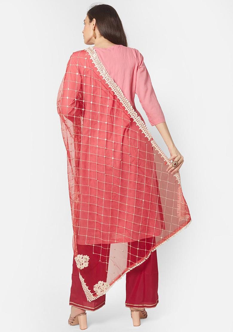 Red And White Ethnic Motifs Embroidered Dupatta