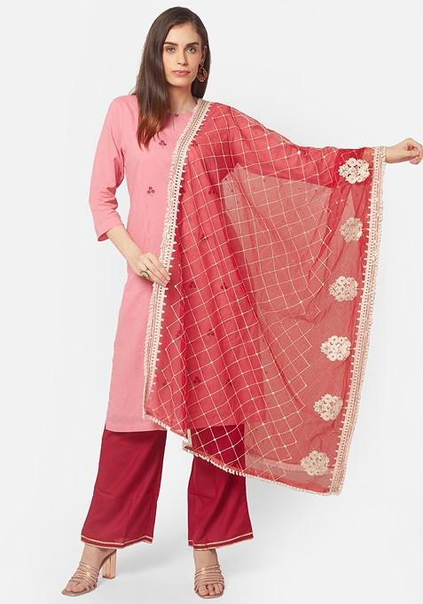 Red And White Ethnic Motifs Embroidered Dupatta