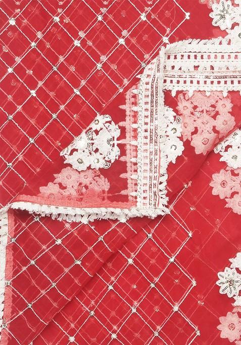 Red And White Ethnic Motifs Embroidered Dupatta