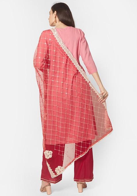 Red And White Ethnic Motifs Embroidered Dupatta