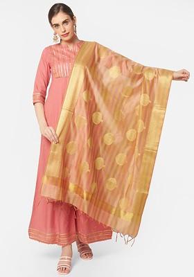 Gold Toned And Pink Ethnic Motifs Woven Design Chanderi Silk Dupatta