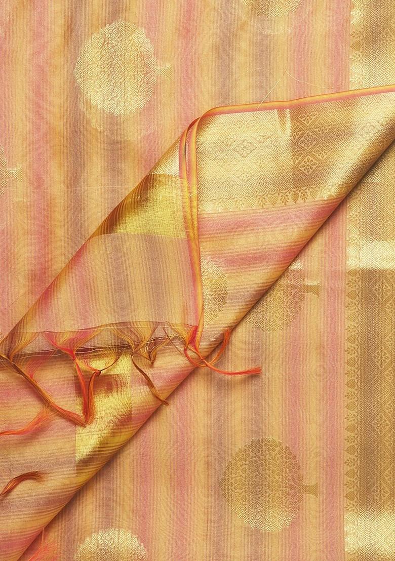 Gold Toned And Pink Ethnic Motifs Woven Design Chanderi Silk Dupatta