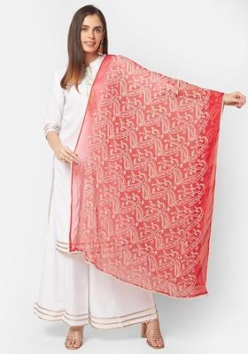 Red And White Paisley Embroidered Dupatta