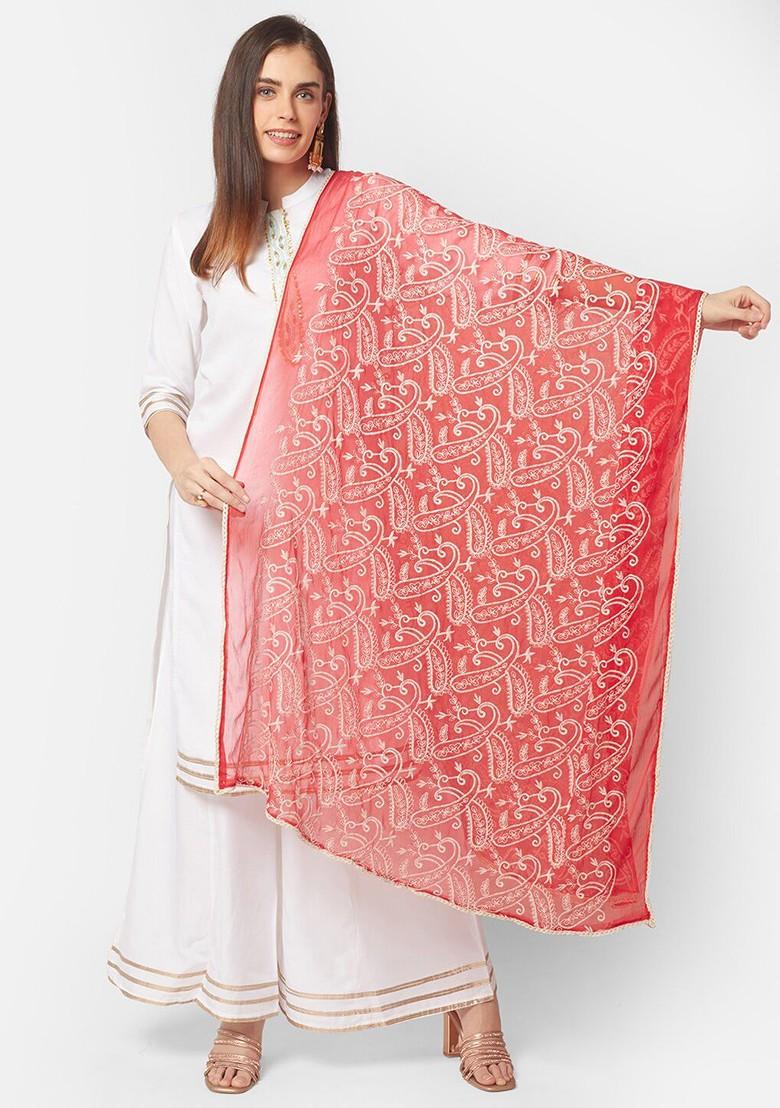 Red And White Paisley Embroidered Dupatta