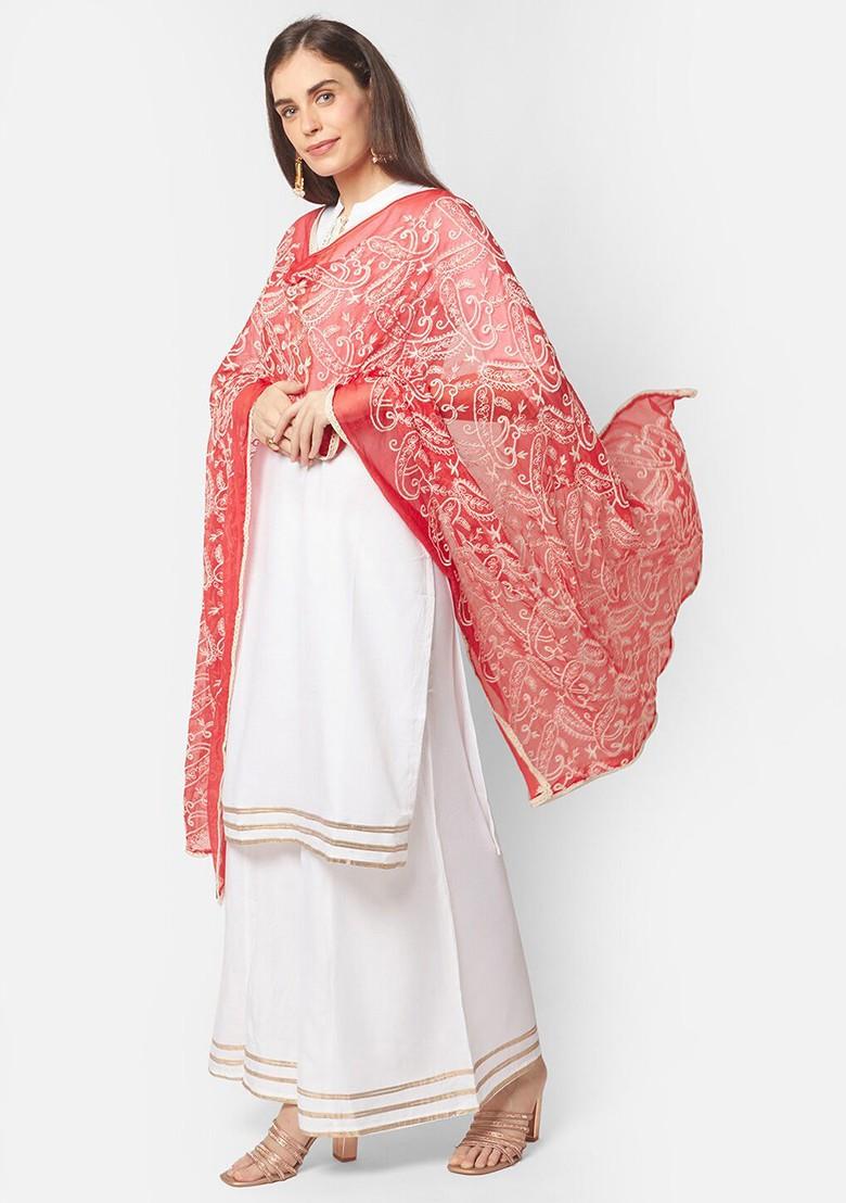 Red And White Paisley Embroidered Dupatta