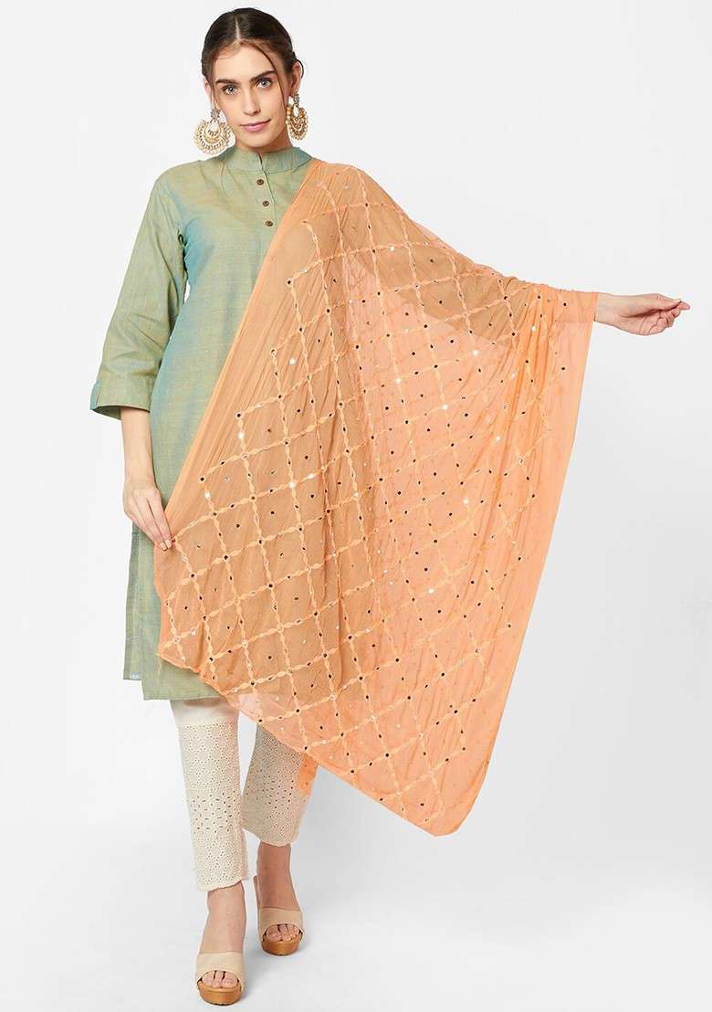 Peach Ethnic Motifs Embroidered Dupatta With Mirror Work - Indya
