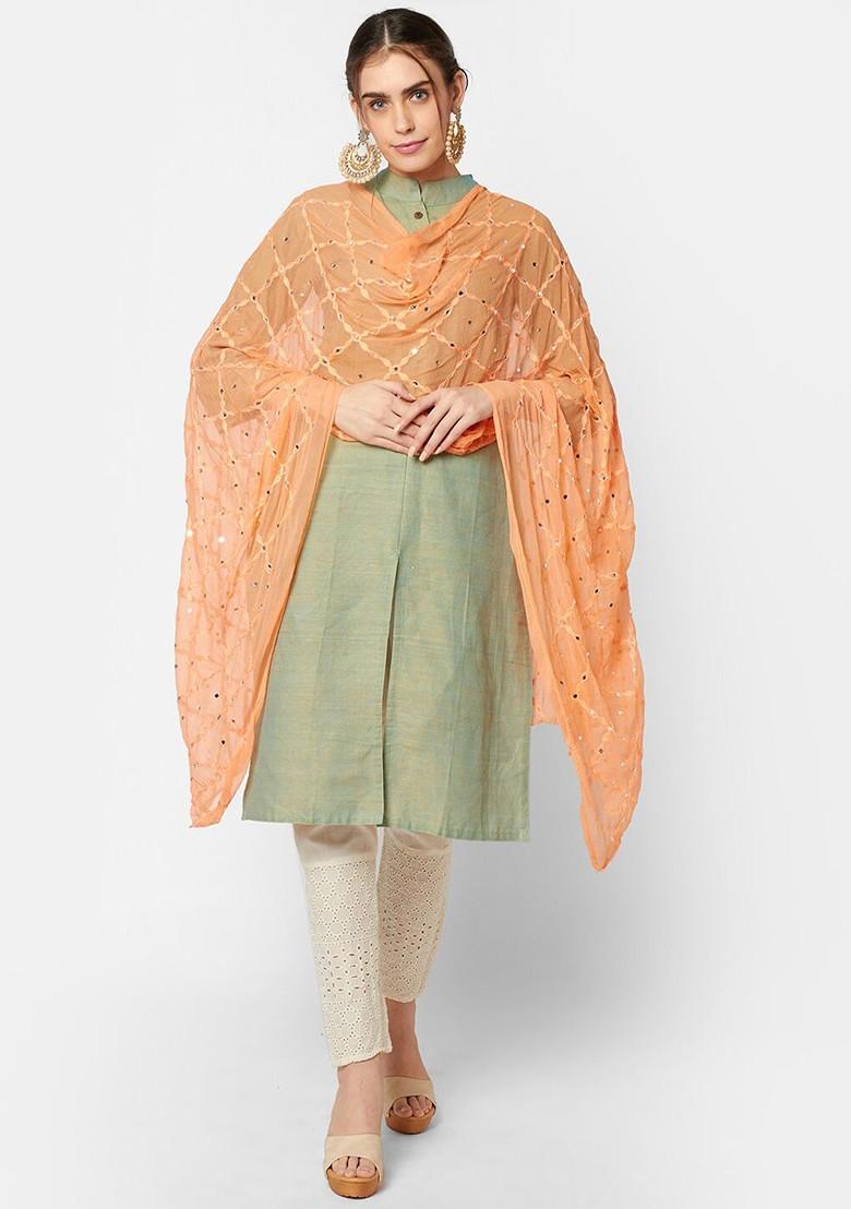 Peach Ethnic Motifs Embroidered Dupatta With Mirror Work
