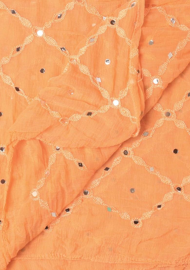 Peach Ethnic Motifs Embroidered Dupatta With Mirror Work