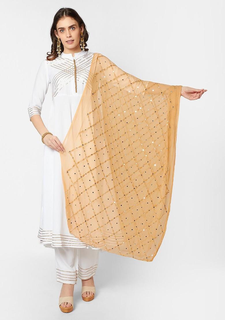 Beige And White Ethnic Motifs Embroidered Dupatta With Mirror Work