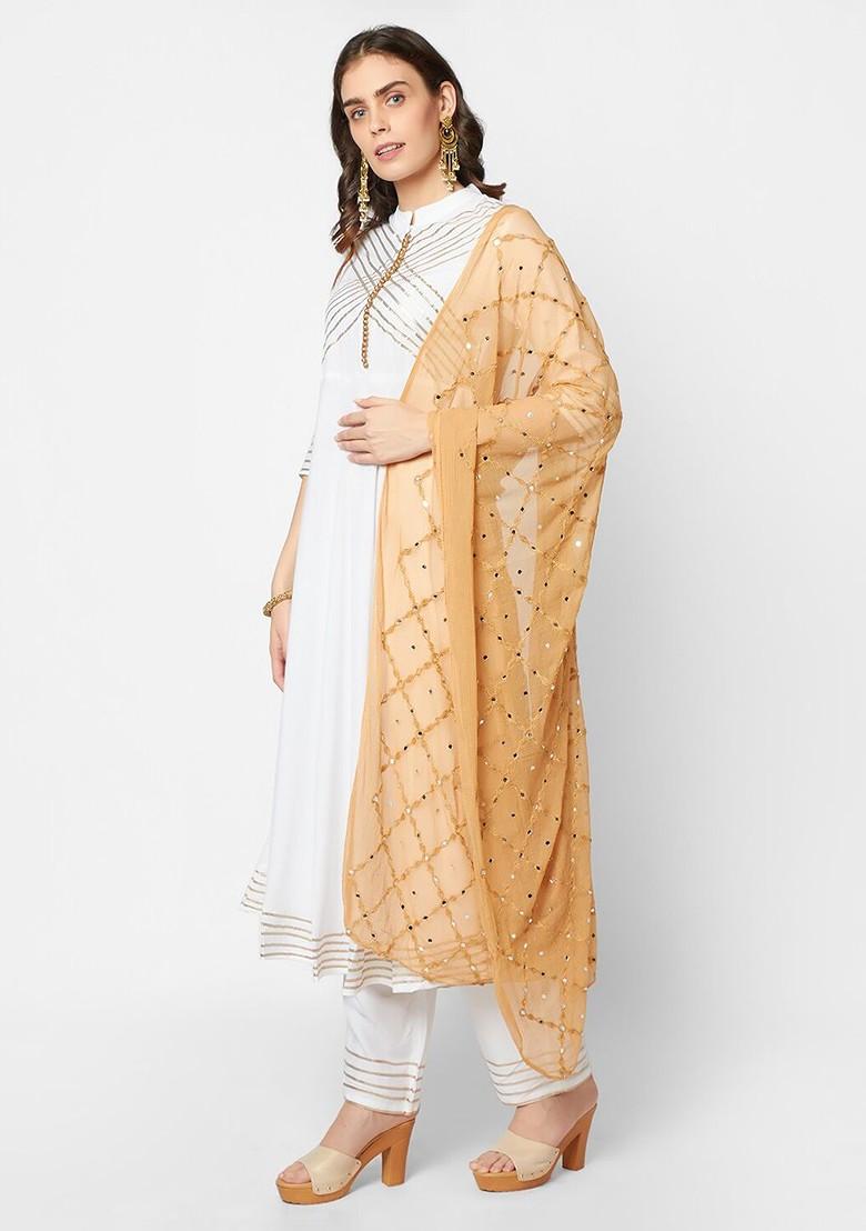 Beige And White Ethnic Motifs Embroidered Dupatta With Mirror Work