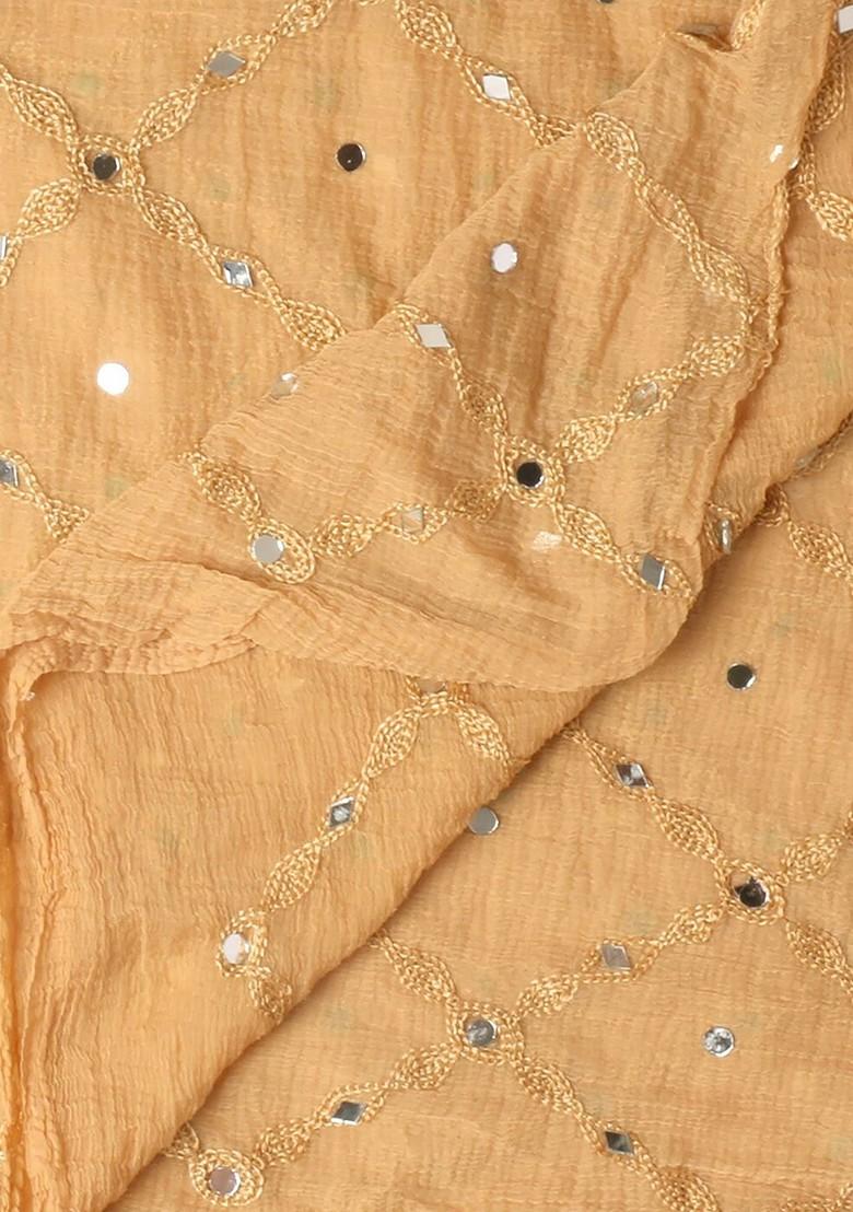 Beige And White Ethnic Motifs Embroidered Dupatta With Mirror Work