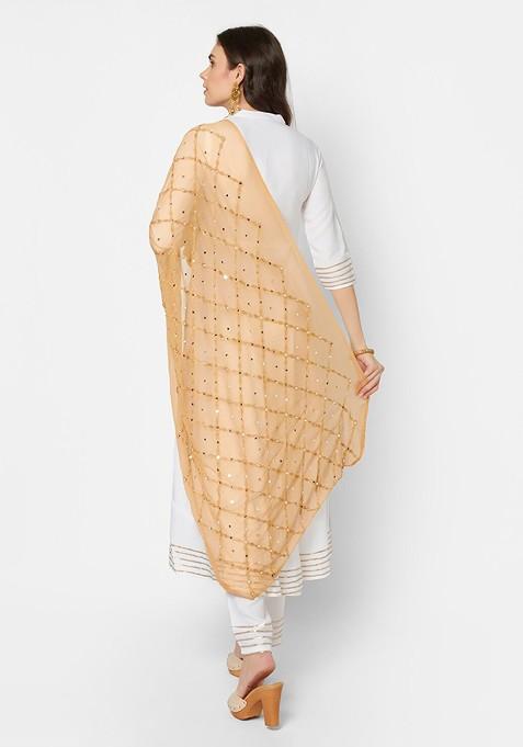 Beige And White Ethnic Motifs Embroidered Dupatta With Mirror Work