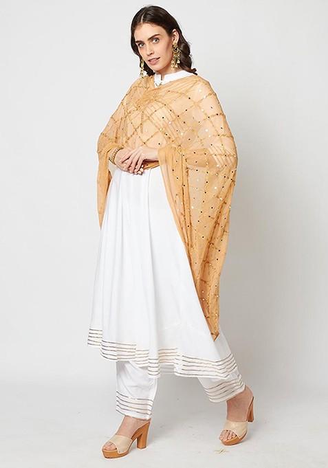 Beige And White Ethnic Motifs Embroidered Dupatta With Mirror Work