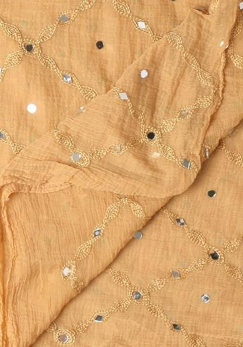 Beige And White Ethnic Motifs Embroidered Dupatta With Mirror Work