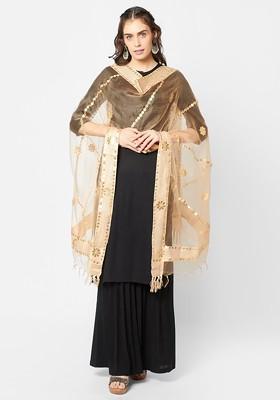 Beige And Gold Toned Organza Dupatta With Gotta Patti