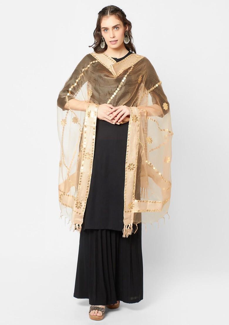 Beige And Gold Toned Organza Dupatta With Gotta Patti