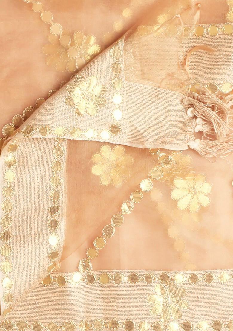 Beige And Gold Toned Organza Dupatta With Gotta Patti