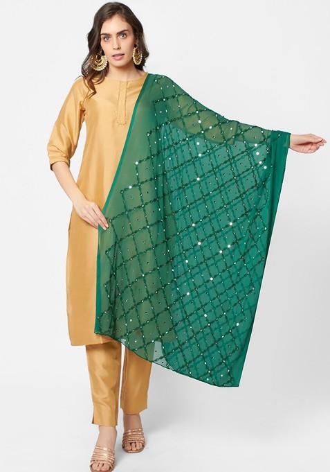 Green Ethnic Motifs Embroidered Dupatta With Mirror Work