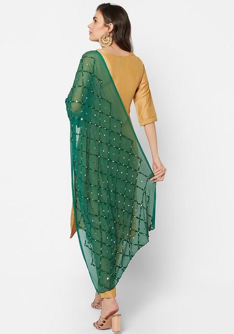 Green Ethnic Motifs Embroidered Dupatta With Mirror Work