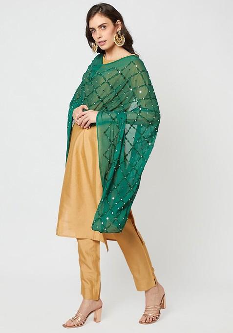 Green Ethnic Motifs Embroidered Dupatta With Mirror Work