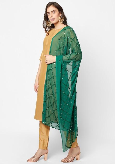Green Ethnic Motifs Embroidered Dupatta With Mirror Work
