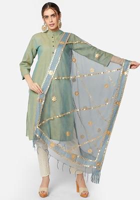 Grey And Gold Toned Organza Dupatta With Gotta Patti