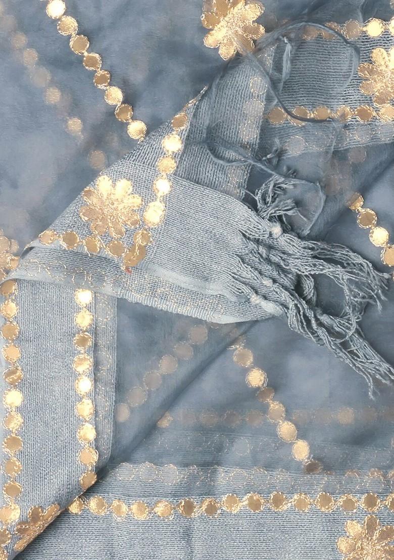 Grey And Gold Toned Organza Dupatta With Gotta Patti