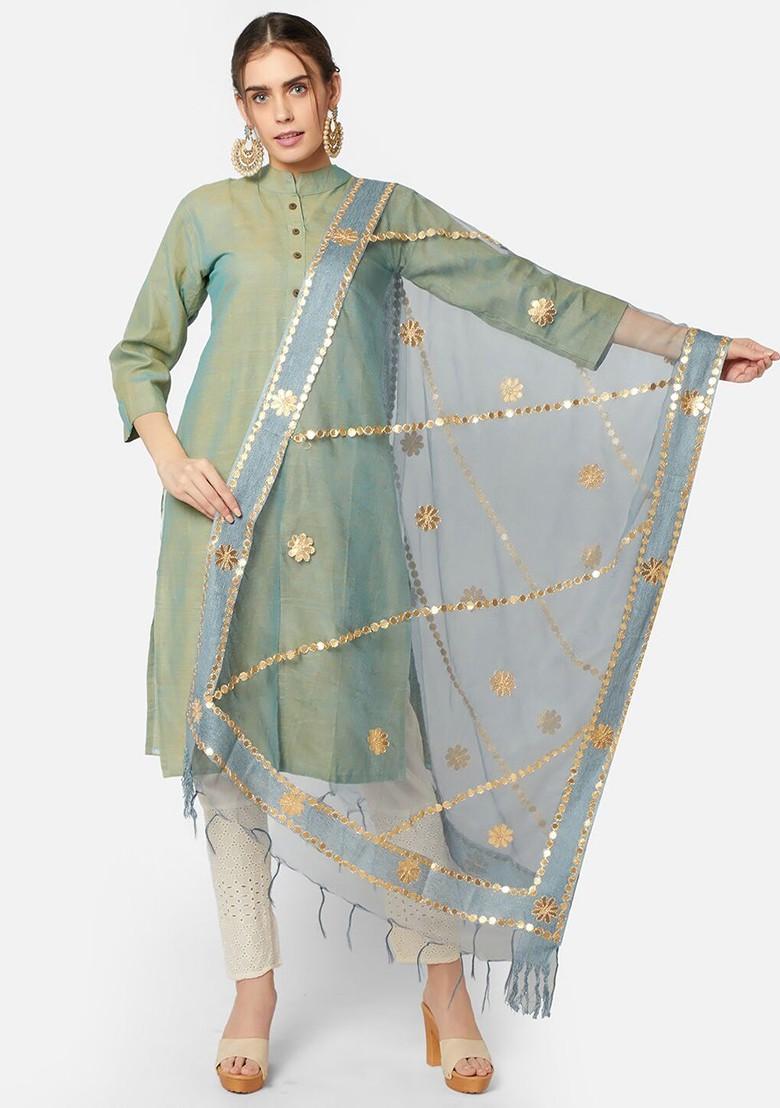 Grey And Gold Toned Organza Dupatta With Gotta Patti
