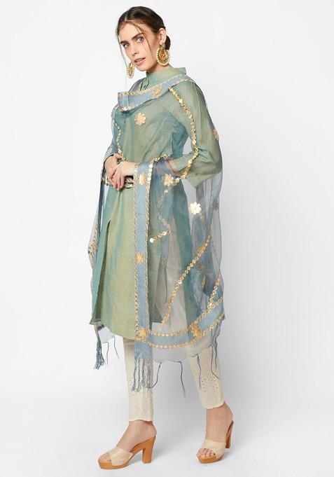 Grey And Gold Toned Organza Dupatta With Gotta Patti